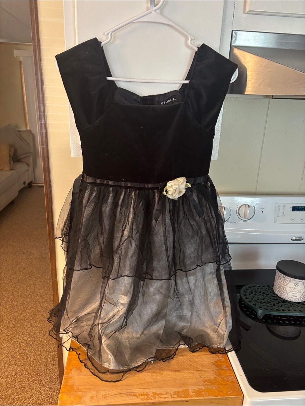 George Black Velvet and Tulle Dress with Cream Flower Accent